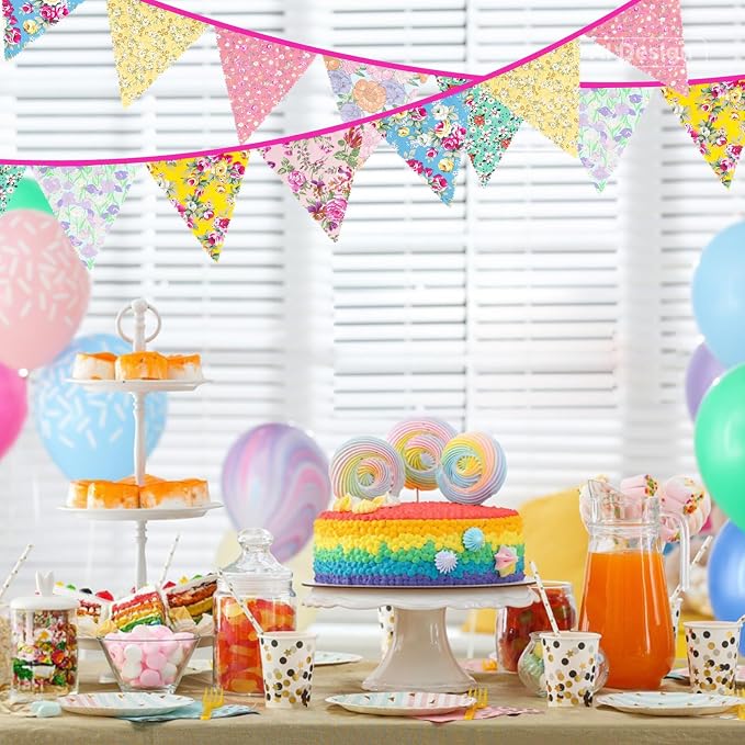G2PLUS 39Ft Triangle Bunting Banner, Floral Cotton Pennant Banner, Tea Party - Image 4