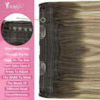 YoungSee Wire Human Hair Extensions Brown Blonde Invisible Wire Hair Extensions Real Human Hair Walnut Brown Ombre Blonde Highlight Remy Human Hair Fish Line Extensions 14Inch 80G