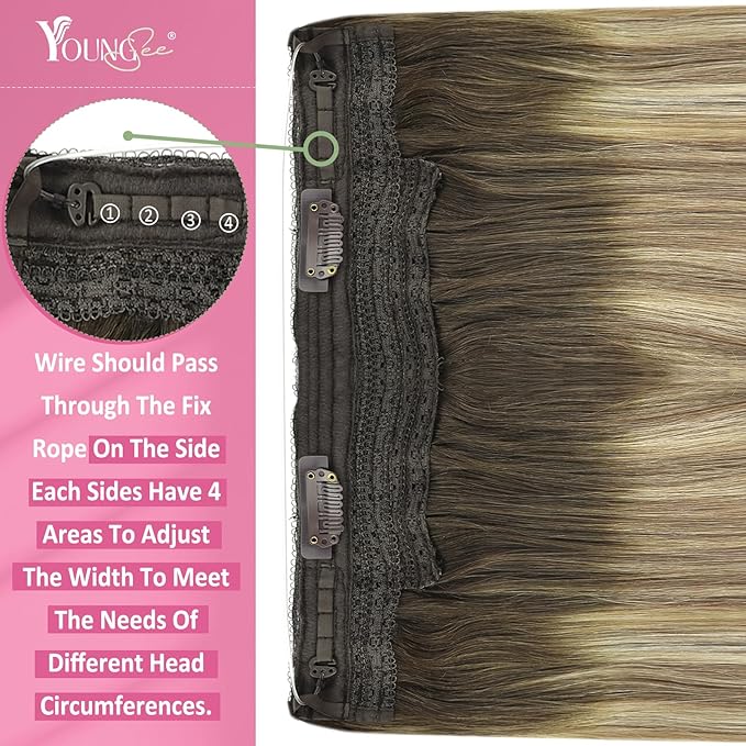 YoungSee Invisible Wire Hair Extensions Brown Balayage Human Hair Wire Extensions Walnut Brown Ombre Blonde Highlights One Piece Hair Extensions Heat-Stylable Straight Hair 16inch 80g