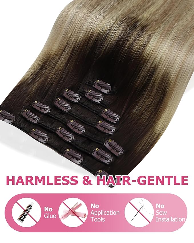 YoungSee 150G Ombre Blonde Hair Extensions Clip ins Brown to Blonde Human Hair Clip ins Extensions Dyable Remy Hair Clip in Hair Extensions Medium Brown Roots to Golden Mix Platinum Blond 20Inch 7Pcs