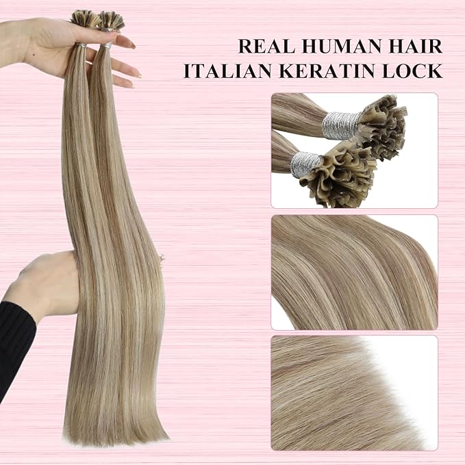 YoungSee U Tip Hair Extensions Highlight U Tips Human Hair Extensions Highlight Light Brown with Blonde Keratin Hair Extension for Women K Tip Real Hair Extension Hot Fusion 16In 50s/50g