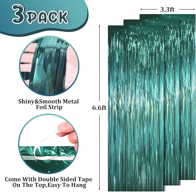 Voircoloria Retro Green Foil Fringe Backdrop Curtains, Birthday Party - Image 3
