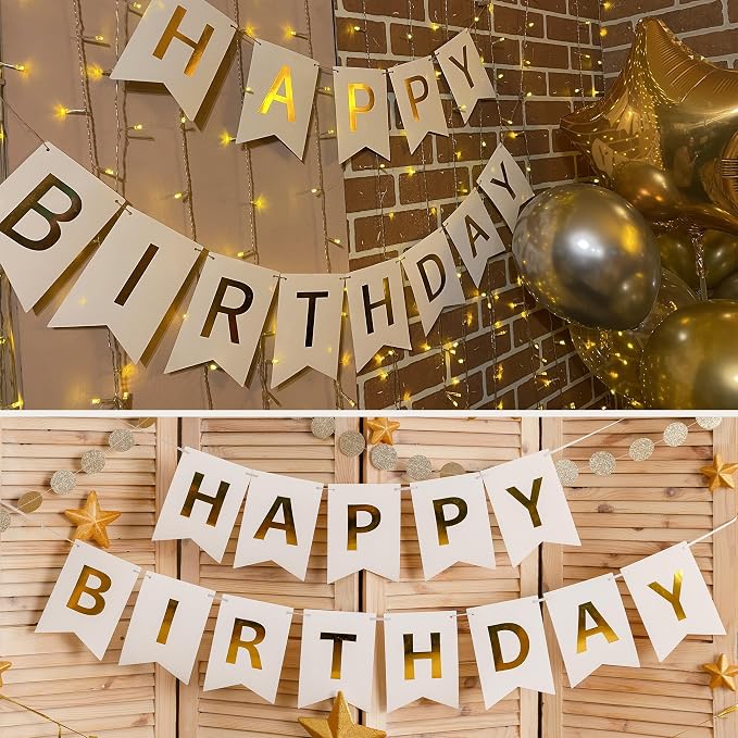 White and Gold Happy Birthday Banner Sign - Image 5