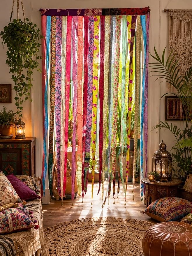 Mango Gifts Old Silk Sari Ribbon Doorway Curtain Hippie Bohemian Room Divider - Image 3