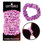 Amelia Beauty, Lavender Satin Small Scrunchies, 12-Pack – No Damage Hair Ties for Women, Gentle & Durable Hair Accessories, 2.5in x 0.5in