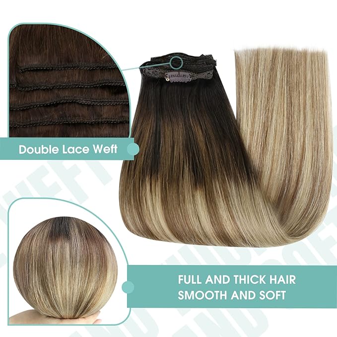 YoungSee Balayage Clip in Hair Extensions Real Human Hair Ombre Clip in Extensions Remy Hair Clip on Hair Extension Dark Brown Roots to Light Brown with Blonde 12inch 85g