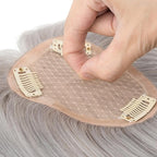 Hairro Human Hair Toppers Free Parted, 3.5x4.7" Base Hand-wovened 100% Real Hairpieces, with Invisible Clips-in for Women, for High Hairline/Adding Volume on Top, 10 Inch Grey