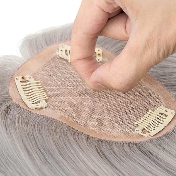 Hairro Human Hair Toppers Free Parted, 3.5x4.7" Base Hand-wovened 100% Real Hairpieces, with Invisible Clips-in for Women, for High Hairline/Adding Volume on Top, 12 Inch Grey