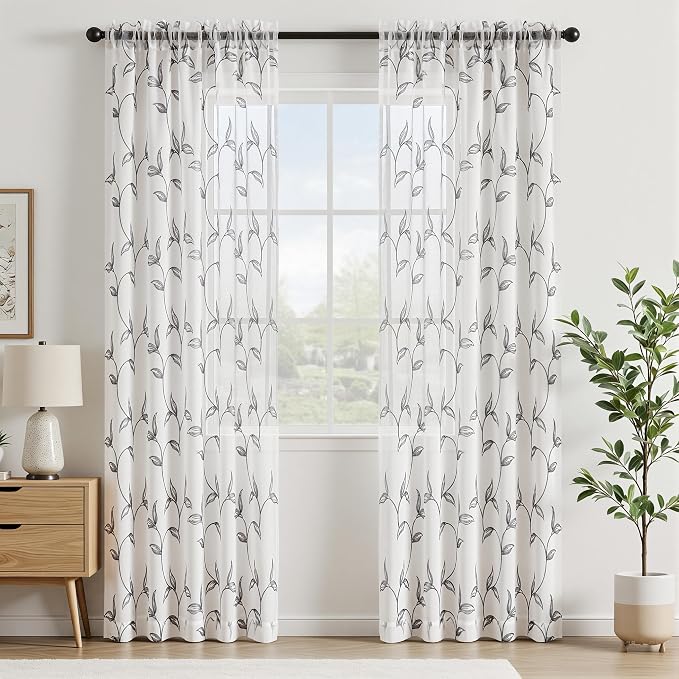 Sheer Curtains Boho Leaf Floral Embroidered Grey 54Wx90L | Light Filtering Semi - Image 3