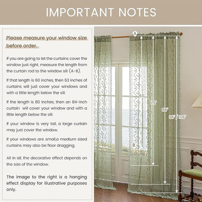WAZZIO Boho Lace Curtains 2 Panels 63 Inch -Vintage Victorian Sheer Panel Drape - Image 9