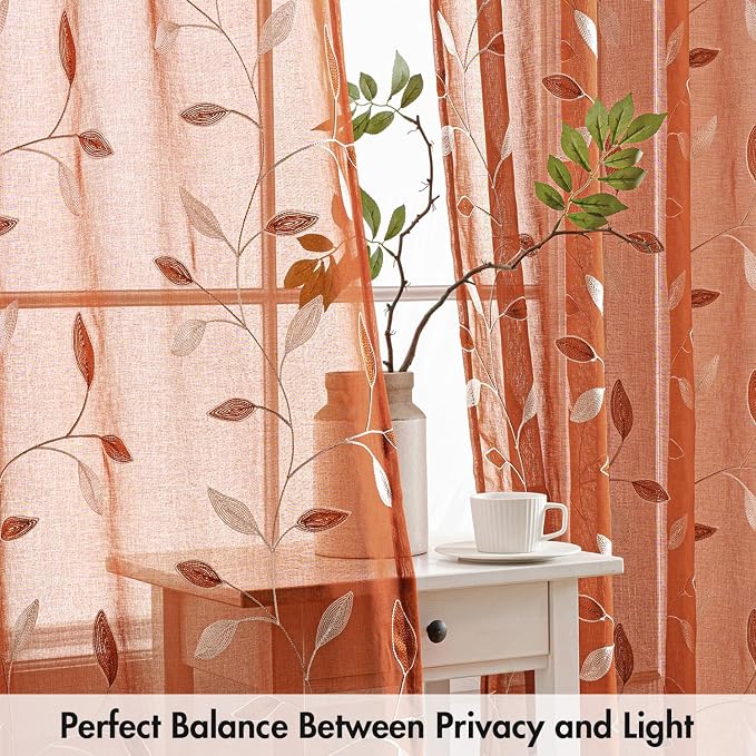 MIULEE Burnt Orange Sheer Fall Curtains 2 Panels Leaf Patterned, W52 x L63 | - Image 5