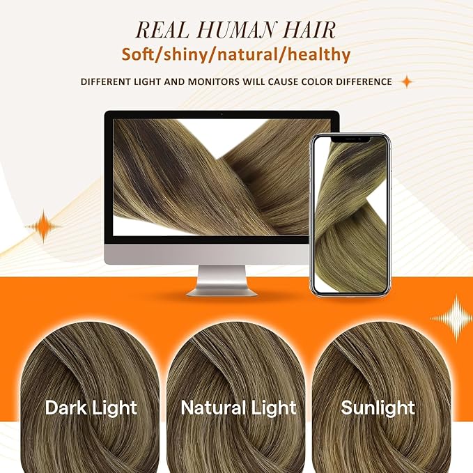 Full Shine Seamless Hair Extensions Clip in 20 Inch Clip in Extensions Ombre Dark Brown to Light Brown with Honey Blonde Thick Ends Human Hair Softness 8 PCS 120 G