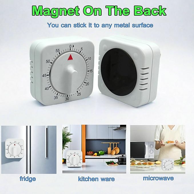 Square 60 Minute Mechanical Kitchen Timer - Visual Kitchen Cooking Timer Clock with Loud Alarm - No Batteries Required-Manual Countdown Timer for Classroom, Home, Study and Cooking (White)