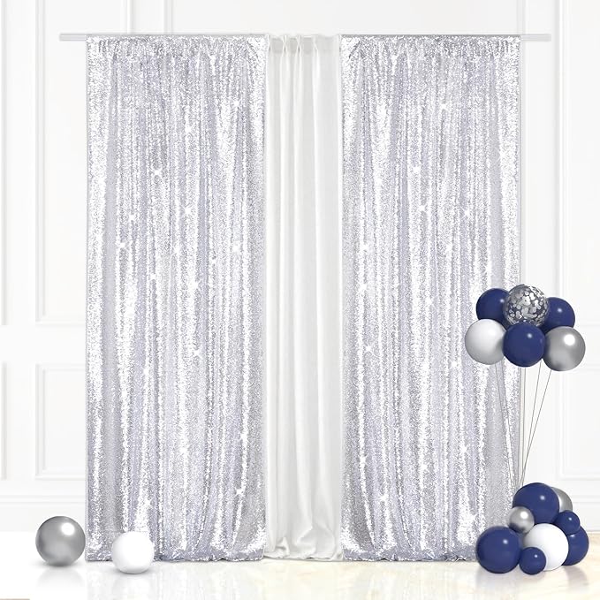 Eternal Beauty Silver Sequin Backdrop Curtains, 2 Panels 2x8FT | 3mm Sparkle by EternalBeauty