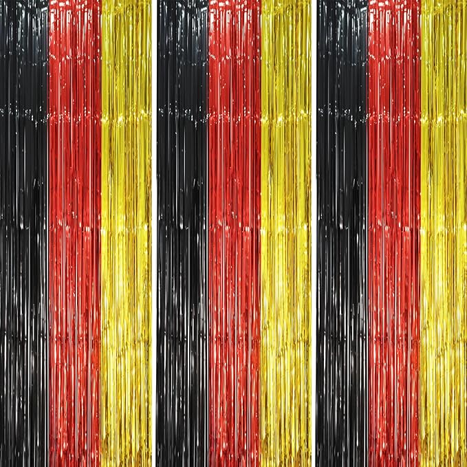 Voircoloria Red Black Gold Fringe Backdrop Curtains, 3 Pack | Tinsel Streamers by Voircoloria