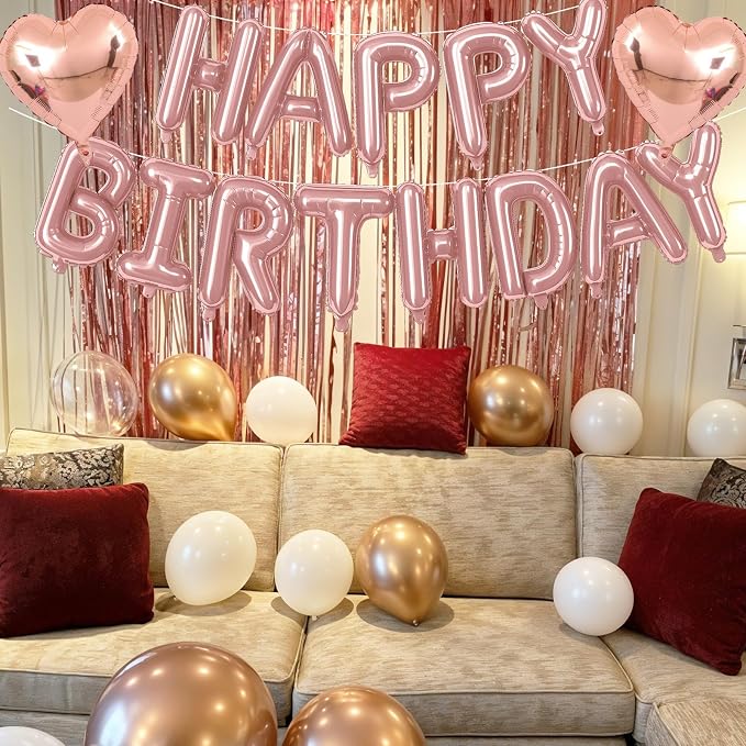 Happy Birthday Balloon Banner Rose Gold, 16 Inch Mylar Letters Rose Gold Heart - Image 8