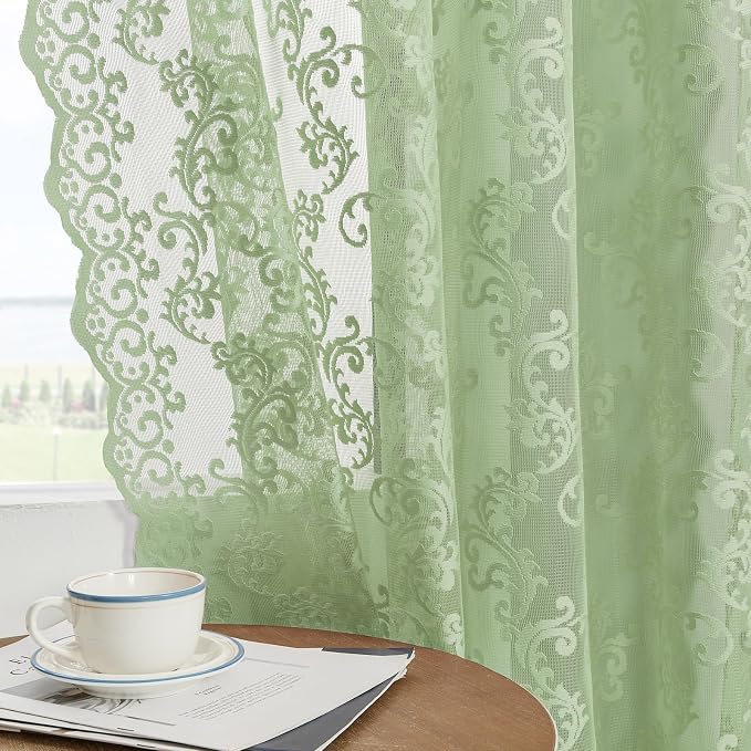 Sage Green Lace Curtains 72 Inches Long 2 Panels Country Vintage Sheer Lace by FOLKSIDEHomeDecoration