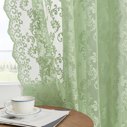 FOLKSIDE Sage Green Lace Curtains 96 Inches Long 2 Panels Country Vintage Sheer - Image 3