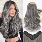 ALXNAN Long Wavy Hair Extensions for Women, Clip in Hair Extensions Clip Ins Soft Full Head Synthetic Hairpieces 20 Inch Grey/Sliver