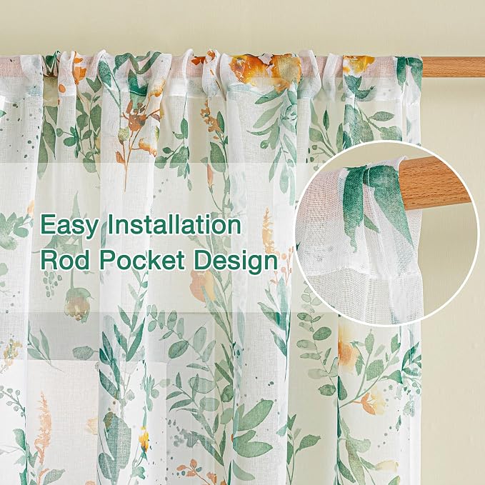 MYSKY HOME Green Floral Sheer Short Kitchen Curtains 54 Inch Long 2 Panels | - Image 3