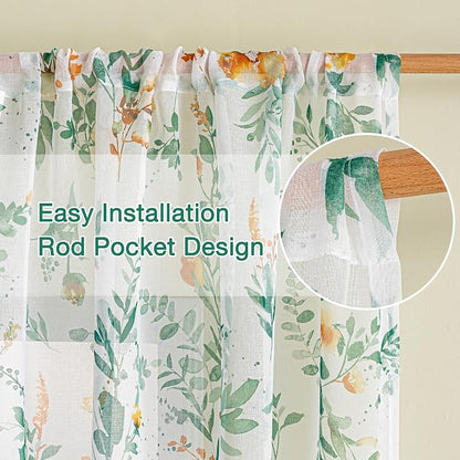 MYSKY HOME Green Floral Sheer Short Kitchen Curtains 54 Inch Long 2 Panels | - Image 3