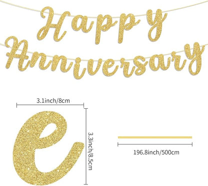 Happy Anniversary Banner Sign Gold Glitter Wedding Bunting Banner Flag Garland - Image 2