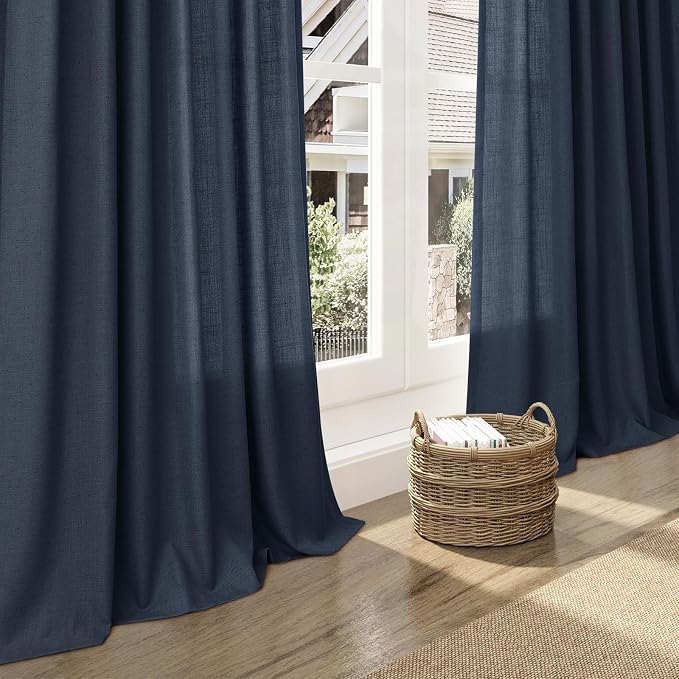 Vintage Blue Linen Curtains 96 Inches Long 2 Panels Set - Image 6