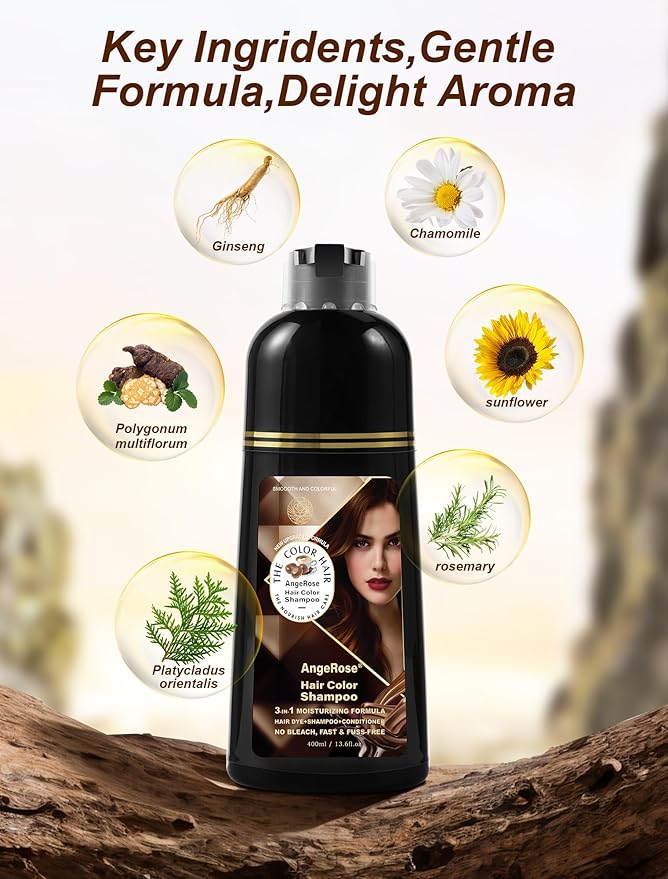 Chestnut Brown Hair Dye Shampoo 3 in 1, Natural Hair Dye to Cover Gray Hair, 400 ML
