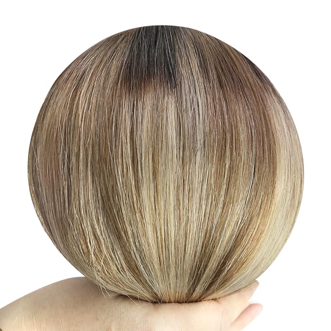 YoungSee Clip in Human Hair Extensions Brown Balayage Clip ins Real Hair Extension Darkest Roots to Medium Brown with Blonde Balayage Real Human Hair Extensions Clip ins for Women 12Inch 85G 7Pcs