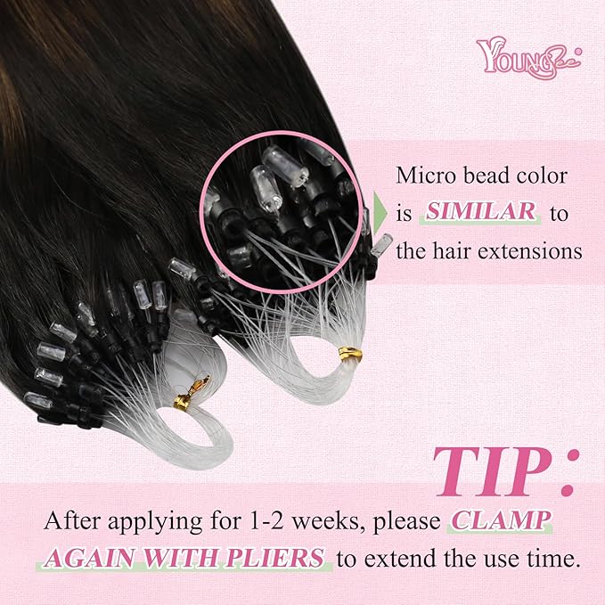YoungSee Micro Bead Hair Extensions Real Human Hair Balayage Micro Loop Hair Extensions Ombre Dark Brown to Browns with Blonde Hair Extension Beaded Remy Hair Extension 50g 50s 18In Microring Hair