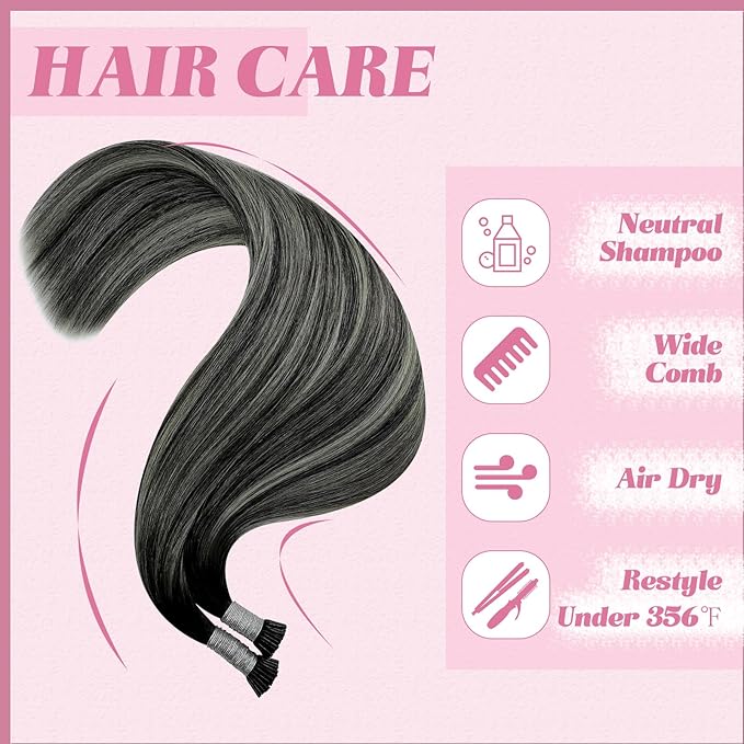 YoungSee I Tip Hair Extensions Human Hair Ombre 24 Inch Itip Hair Extensions Real Human Hair Black Balayage Silver Itip Hair Extension for Women Long Hair 50g 50s