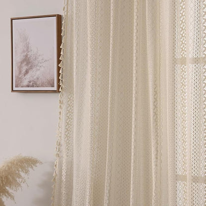 WAZZIO Boho Lace Curtains 80 Inches 2 Panel, Light Filtering Privacy Tassel & - Image 5