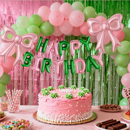 Pink and Green Happy Birthday Balloons, 31”Huge Pink Bow Aluminum Foil Balloons - Image 2