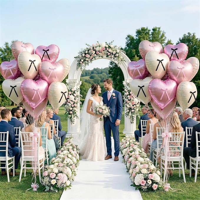 Pink White Heart Balloons with Ribbon Bow, 18 Inch Helium Balloon with Bow Decor - Image 6