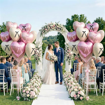 Pink White Heart Balloons with Ribbon Bow, 18 Inch Helium Balloon with Bow Decor - Image 6