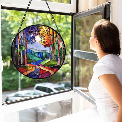 DASTOLL Stained Glass Window Hanging, Colorful Forest Landscape Tree Suncatcher - Image 2