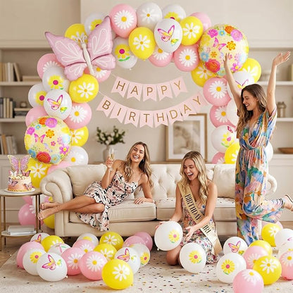 Flower Balloons, 12 Inch Pink Yellow White Daisy Printed Balloon, Butterfly - Image 5