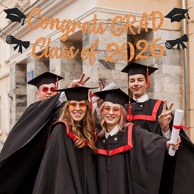 Black and Orange Congrats Grad Banner, Class of 2026 Banner and Graduation Caps - Image 4