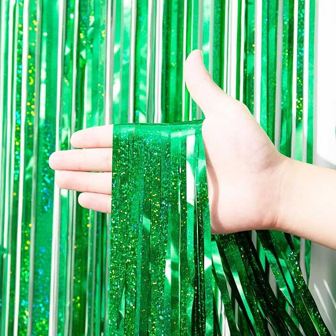 Voircoloria Laser Green Foil Fringe Backdrop Curtains, 2 Pack | Tinsel Streamers - Image 2