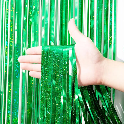 Voircoloria Laser Green Foil Fringe Backdrop Curtains, 2 Pack | Tinsel Streamers - Image 2