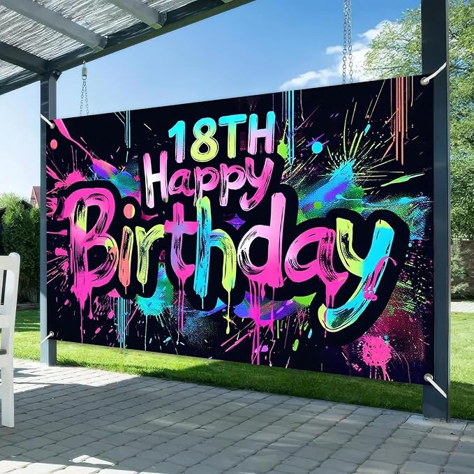 HOMETITUTE Neon 18th Happy Birthday Banner 71x43 Inch | Glow in The Dark Party - Image 2