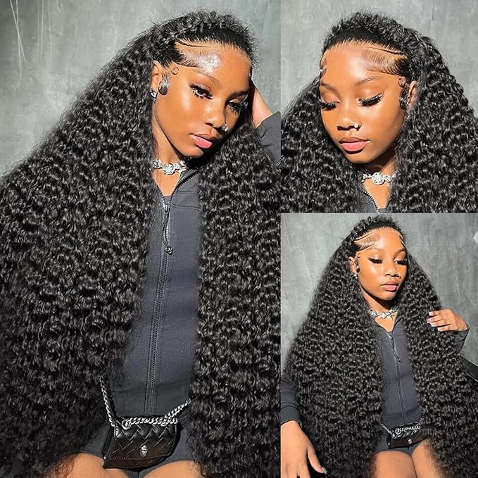 Aomllute 28 Inch Deep Wave Lace Front Wigs Human Hair 200 Density 13x4 HD Lace Frontal Wigs Human Hair Pre Plucked Deep Curly Glueless Wigs for Women Natural Black