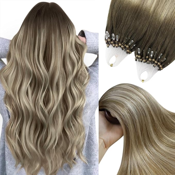 YoungSee Micro Link Hair Extensions Human Hair Balayage Micro Bead Hair Extensions Real Human Hair Brown Ombre Blonde Micro-Ring Hair Extension 14In Bead Hair Extension for Short Hair 50s/50g