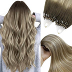 YoungSee Microbead Hair Extensions Brown Balayage Micro Bead Hair Extensions Real Human Hair Ombre Dark Brown to Brown with Blonde Micro Extension 24 Inch Bead Hair Extension for Long Hair 50s/50g
