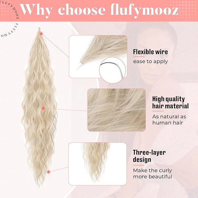 FLUFYMOOZ Ponytail Extension, Flexible Wrap Around Ponytail Extension Long Wavy Curly Ponytail Hair Extensions Natural pony tail Synthetic Hairpiece for Women 32 Inch (Cool Blonde)
