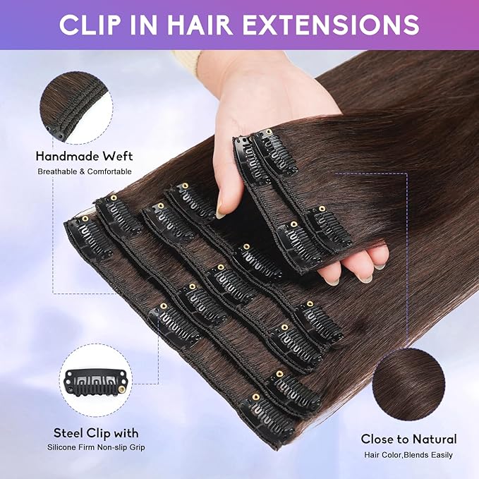 Dark Brown Clip in Hair Extensions Real Human Hair Invisible Seamless Remy Human Hair Clip in Extensions for Women 14Inch 75g, 8pcs Per Set with Double Weft