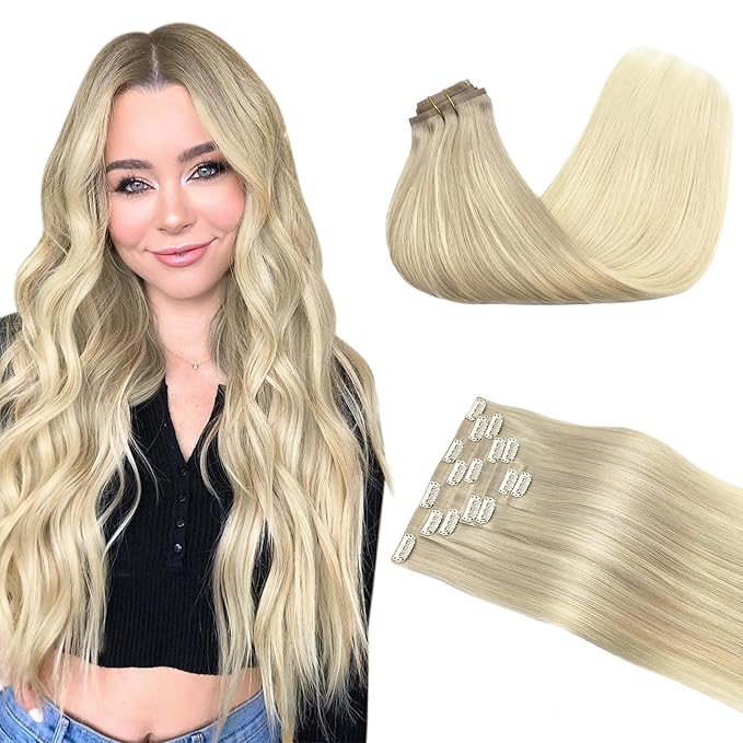 GOO GOO Clip-in Hair Extensions Real Human Hair, Remy Human Hair Extensions Clip ins for Women, Natural Human Hair, 22inch 150g 7Pcs, 17/22/60 Balayage Ash Blonde to Platinum Blonde
