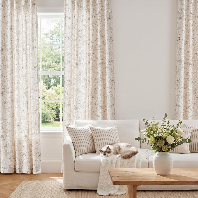 jinchan Floral Linen Curtains for Living Room 96 Inch Length Taupe Flower - Image 2