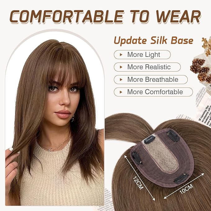 Rich Choices Real Human Hair Toppers for Women With Bang 100% Remy Human Hair Topper for Thinning Hair Clip in Silk Base Hair Topper 10 Inch #4R Chestnut Brown