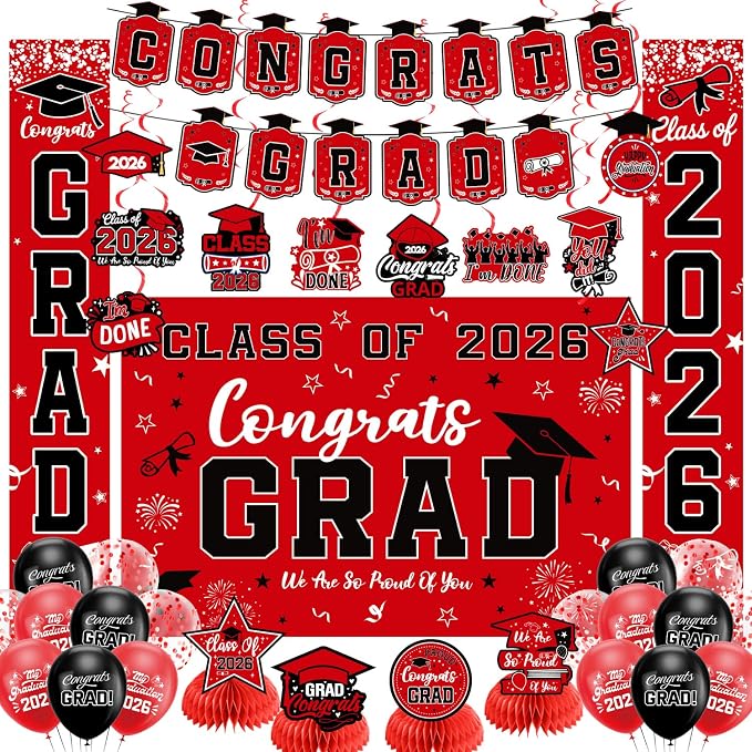 Graduation Decorations 2026 Red Set, Congrats Grad Decor Set by Unknown